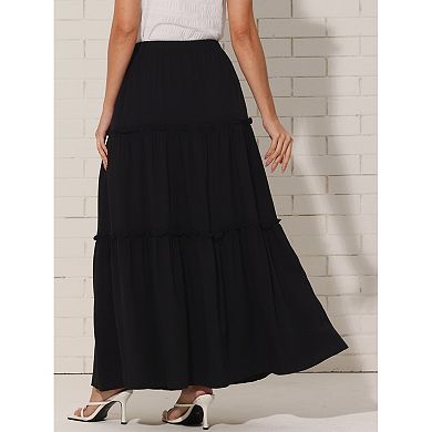 Boho Maxi Skirt for Women's Elastic High Waist Tiered A-Line Long Skirts