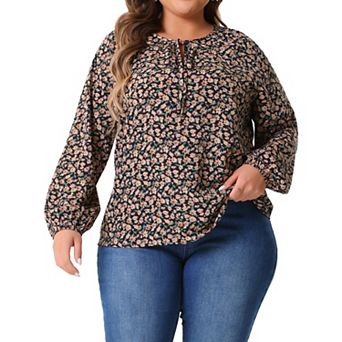Plus Size Floral Printed for Women Casual V Neck Tops Drawstring Long Sleeve T Shirt Blouses
