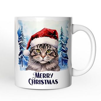 Tabby Cat with Santa Hat Mug, Winter Forest Christmas Gift