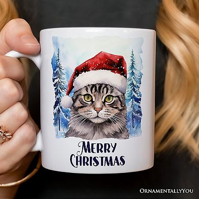 Tabby Cat with Santa Hat Mug, Winter Forest Christmas Gift