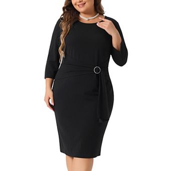 Plus Size Evening Pencil Dress for Women 3/4 Sleeve Crew Neck Dresses with Removable Rhinestone