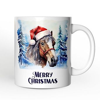 Horse with Santa Hat Mug, Winter Forest Christmas Gift