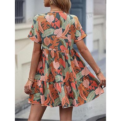 Women's Short sleeve Solid Dress V-Neck Loose Pleated Simple Midi Dresses