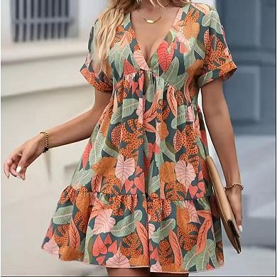 Women's Short sleeve Solid Dress V-Neck Loose Pleated Simple Midi Dresses