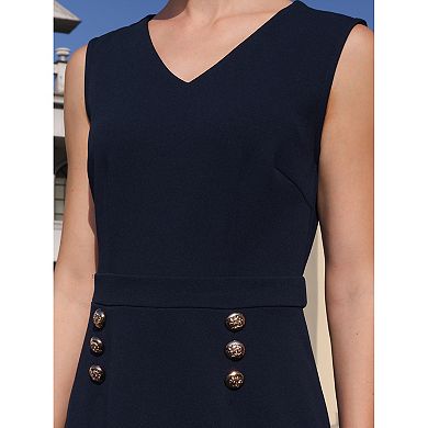 Women's Sleeveless Pencil Dress V Neck Button Decor Wear to Work Sheath Dresses