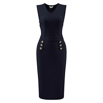 Women's Sleeveless Pencil Dress V Neck Button Decor Wear to Work Sheath Dresses