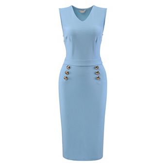 Women's Sleeveless Pencil Dress V Neck Button Decor Wear to Work Sheath Dresses