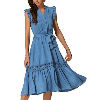 Sleeveless Summer Dress for Women's Casual V Neck Ruffled Belted Sundress a Line Flowy Beach Dresses