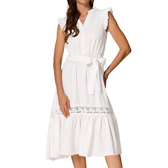 Sleeveless Summer Dress for Women's Casual V Neck Ruffled Belted Sundress a Line Flowy Beach Dresses