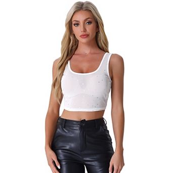 Mesh Crop Top for Women's Scoop Neck Sleeveless Sheer Tank Party Glitter Star Tops