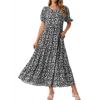Women's Floral Dresses Short Sleeve Square Neck Boho Casual Dress with Pockets Summer Outfits