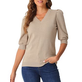 Sweater Tops for Women V Neck Short Sleeve T Shirts Wool Knit Blouse Casual Puffy Sleeve Tops