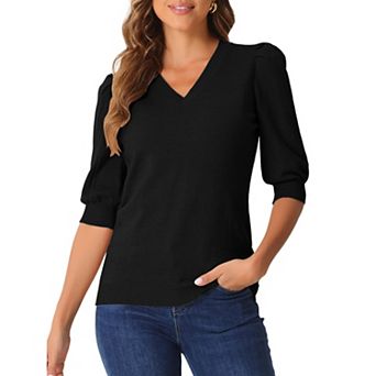 Sweater Tops for Women V Neck Short Sleeve T Shirts Wool Knit Blouse Casual Puffy Sleeve Tops