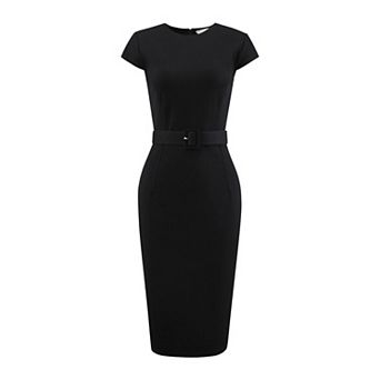 Women's Pencil Dress Cap Sleeve Belted Wear to Work Sheath Dresses