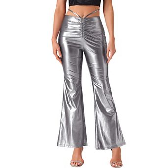 Disco Outfit for Women's Drawstring Metallic Wide Leg Pants