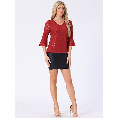 Sequin Top for Women's 3/4 Bell Sleeve V Neck Metallic Sparkly Glitter Party Blouse