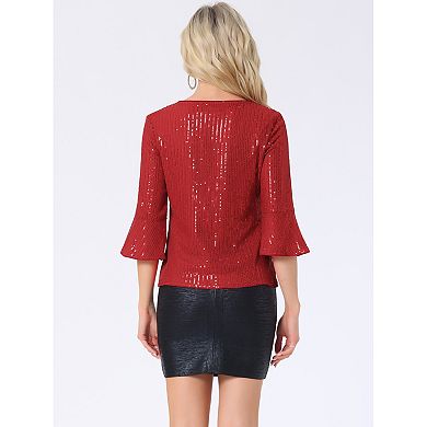 Sequin Top for Women's 3/4 Bell Sleeve V Neck Metallic Sparkly Glitter Party Blouse