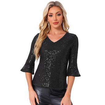 Sequin Top for Women's 3/4 Bell Sleeve V Neck Metallic Sparkly Glitter Party Blouse