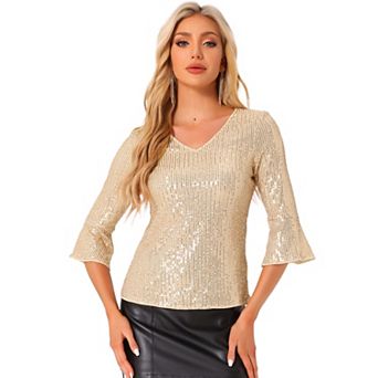 Sequin Top for Women's 3/4 Bell Sleeve V Neck Metallic Sparkly Glitter Party Blouse