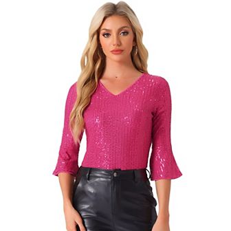 Sequin Top for Women's 3/4 Bell Sleeve V Neck Metallic Sparkly Glitter Party Blouse