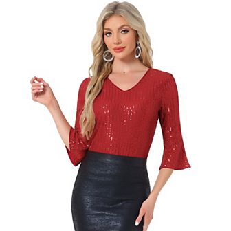Sequin Top for Women's 3/4 Bell Sleeve V Neck Metallic Sparkly Glitter Party Blouse