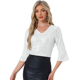Sequin Top for Women's 3/4 Bell Sleeve V Neck Metallic Sparkly Glitter Party Blouse