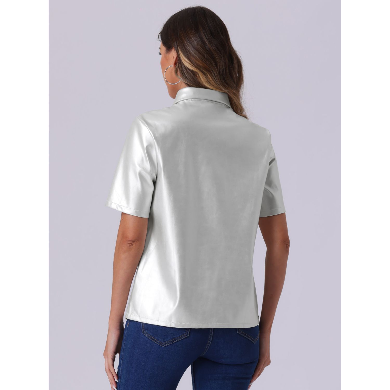 thumbnail image 2 of Women's Denim Blouses Posijego Women's Denim Shirts Short Sleeve Button Down Shirt Collared Casual Summer Tops Womens Clothes Denim Puff Sleeve Top 2 of 10
