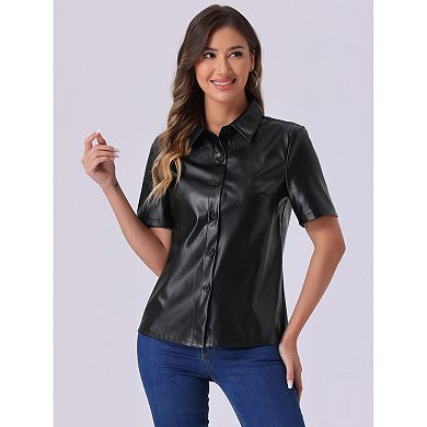 PU Leather Button Down Shirt for Women's Short Sleeve Collar Blouse Jacket Party Club Top