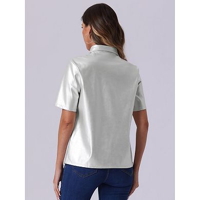 PU Leather Button Down Shirt for Women's Short Sleeve Collar Blouse Jacket Party Club Top