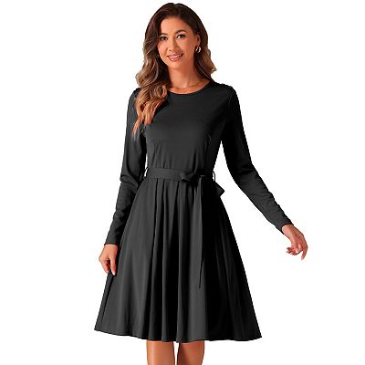 Women's Long Sleeve A Line Ruffle Belted Business Casual Dress