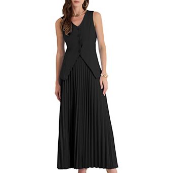 Women's 2 pc Summer Outfits V Neck Sleeveless Button Vest Maxi Pleated Skirts Set