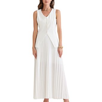 Women's 2 pc Summer Outfits V Neck Sleeveless Button Vest Maxi Pleated Skirts Set