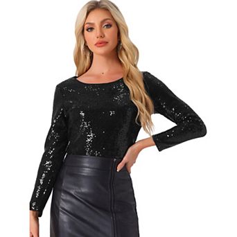 Sequin Top for Women's Glitter Round Neck Long Sleeve Party Blouse Tops