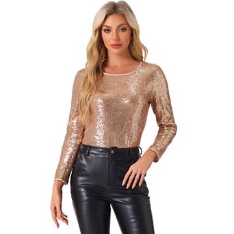 Sequin Top for Women's Glitter Round Neck Long Sleeve Party Blouse Tops