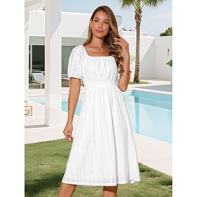 Women's Eyelet Dresses Square Neck Short Puffy Sleeve Casual A Line Summer Midi Dress