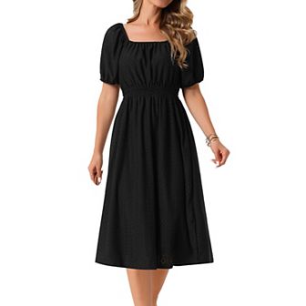 Women's Eyelet Dresses Square Neck Short Puffy Sleeve Casual A Line Summer Midi Dress