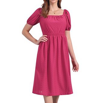 Women's Eyelet Dresses Square Neck Short Puffy Sleeve Casual A Line Summer Midi Dress