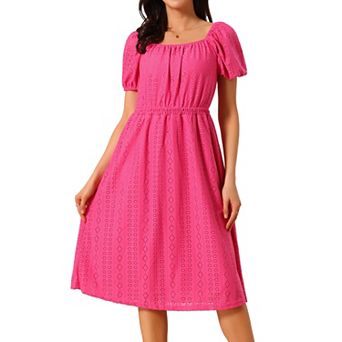 Women's Eyelet Dresses Square Neck Short Puffy Sleeve Casual A Line Summer Midi Dress