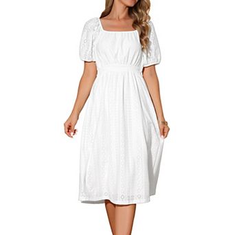 Women's Eyelet Dresses Square Neck Short Puffy Sleeve Casual A Line Summer Midi Dress