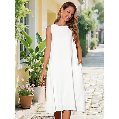 Women's Linen Sleeveless Dresses Crewneck Loose Fit Shift Casual Tank Dress with Pockets