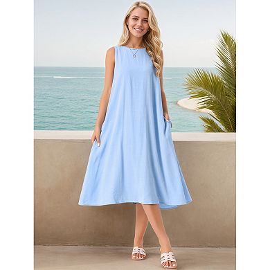 Women's Linen Sleeveless Dresses Crewneck Loose Fit Shift Casual Tank Dress with Pockets