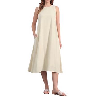 Women's Linen Sleeveless Dresses Crewneck Loose Fit Shift Casual Tank Dress with Pockets