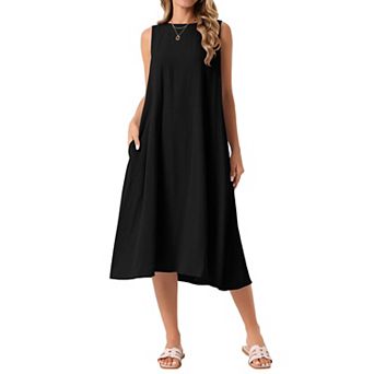 Women's Linen Sleeveless Dresses Crewneck Loose Fit Shift Casual Tank Dress with Pockets