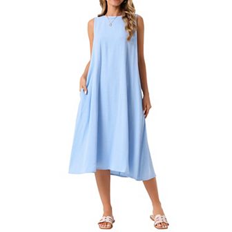 Women's Linen Sleeveless Dresses Crewneck Loose Fit Shift Casual Tank Dress with Pockets