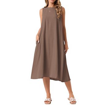 Women's Linen Sleeveless Dresses Crewneck Loose Fit Shift Casual Tank Dress with Pockets