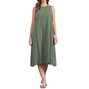Women's Linen Sleeveless Dresses Crewneck Loose Fit Shift Casual Tank Dress with Pockets