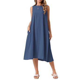 Women's Linen Sleeveless Dresses Crewneck Loose Fit Shift Casual Tank Dress with Pockets