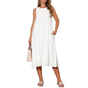 Women's Linen Sleeveless Dresses Crewneck Loose Fit Shift Casual Tank Dress with Pockets