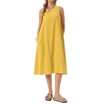 Women's Linen Sleeveless Dresses Crewneck Loose Fit Shift Casual Tank Dress with Pockets