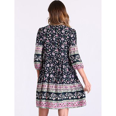 Boho Floral Dresses for Women's Summer Tie Neck Loose Babydoll Swing Dress